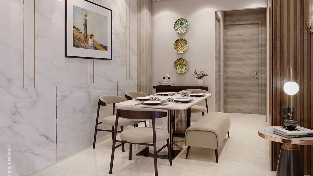 Dining room in 3 BHK residence at Nyati Emerald Baner, Pune